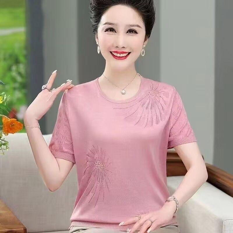 Summer Women's Ice Silk Short Sleeved Round Neck T-shirt Middle-aged and Elderly Women's Loose Thin Knitted Top