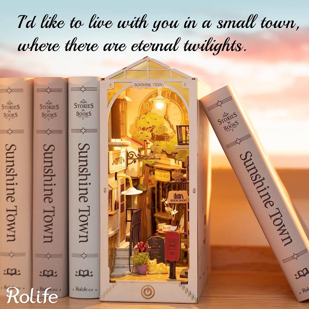 Robotime Rolife Wooden Puzzle Sunshine Town DIY Dollhouse Book Nook with LED Light for Bookshelf Insert Decor - TGB02