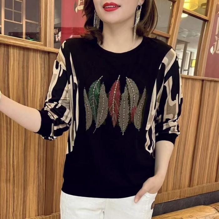 Ice Thread Новая модная футболка с длинными рукавами и круглым вырезом большого размера, утягивающий топ с бриллиантами для женщин среднего возраста