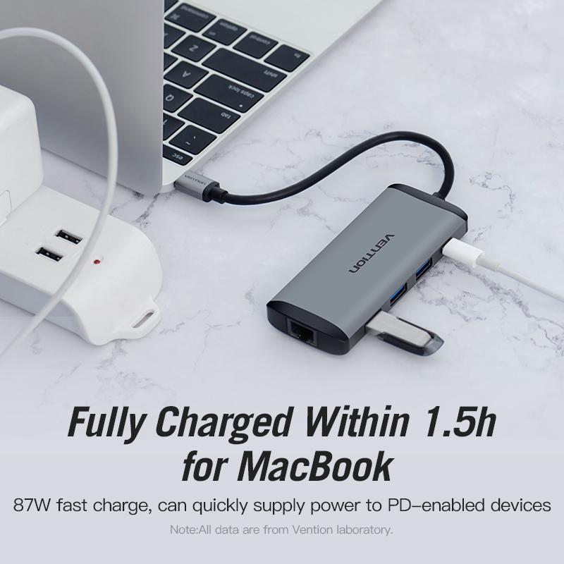 Док-станция Vention Thunderbolt 3, USB-концентратор типа C к HDMI, адаптер USB3.0 RJ45 для MacBook, Huawei P20 Pro, USB-концентратор C