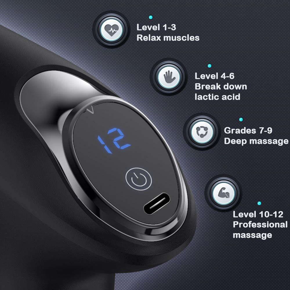 Новый портативный 12-скоростной электрический мини-массажный пистолет с ЖК-дисплеем, высокочастотный пистолет для фасции, массажер для глубоких тканей, расслабляющий массаж тела для похудения