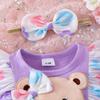 Baby Girl Floral Romper Dress Bear Patch Ruffle Short Sleeve Bodysuit with Bow Headband 2 Piece Summer Outfit