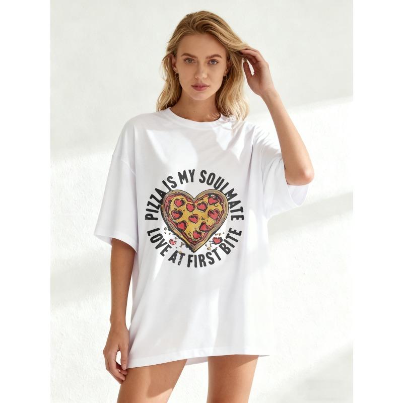 Черная футболка оверсайз с принтом сердца-пиццы и надписью Pizza Is My Soulmate Love At First Bite Повседневная одежда для женщин Летний наряд Уличная мода