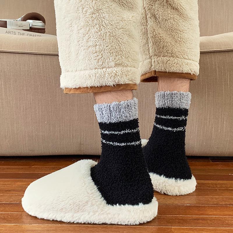 Мужские носки средней длины из кораллового флиса — теплые, толстые, с бархатом для домашней одежды на осень/зиму