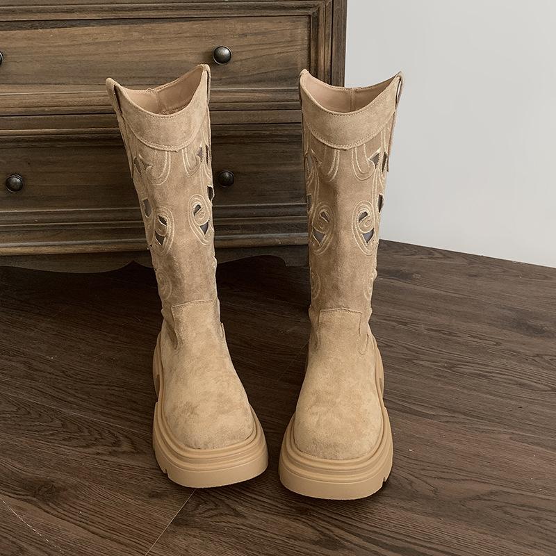 Retro British Style But Knee Thick-soled Boots Women's 2025 New Spring and Autumn Heightening Hollow V-mouth Knight Boots