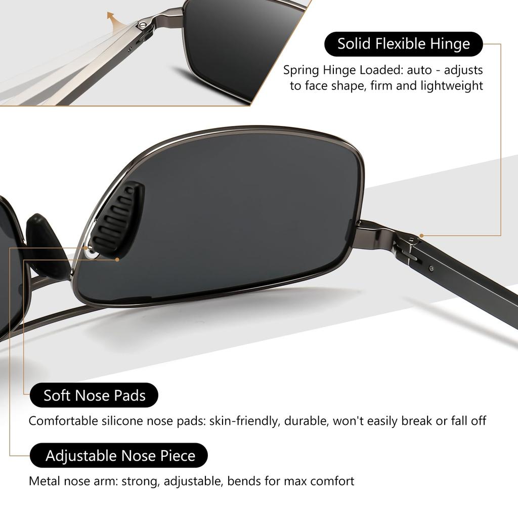 SUNGAIT Square Polarized Sunglasses with Metal UV400 and Case Men's Ultra-Lightweight Frame, Protection,