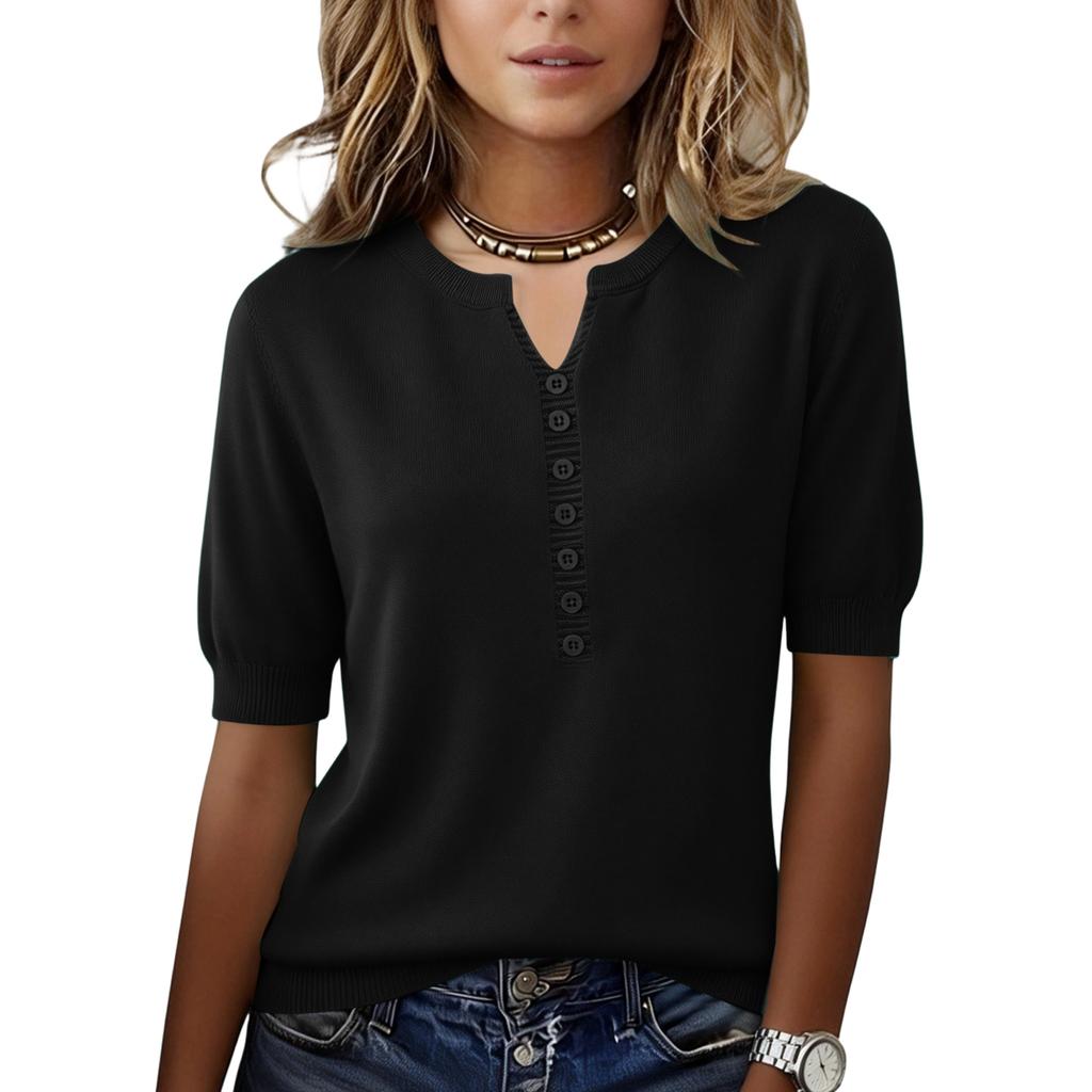 Women’s Short Sleeve Knit Top with Button Front Notched Neckline Pullover Casual Soft Lightweight Sweater Blouse