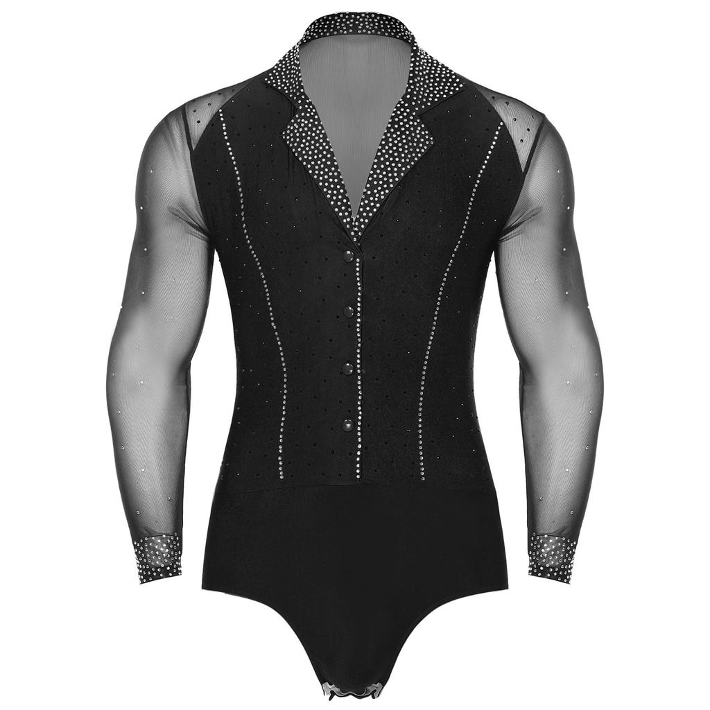 Mens Latin Dance Leotard Lapel Collar Sheer Mesh Patchwork Long Sleeve Sparkly Rhinestone Bodysuit Tango Costume