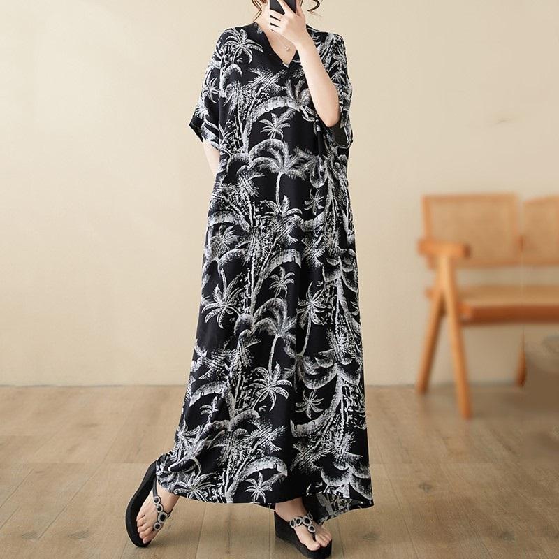 Новое хлопковое атласное платье с коротким рукавом больших размеров в винтажном цветочном стиле для женщин, повседневное свободное длинное летнее платье макси