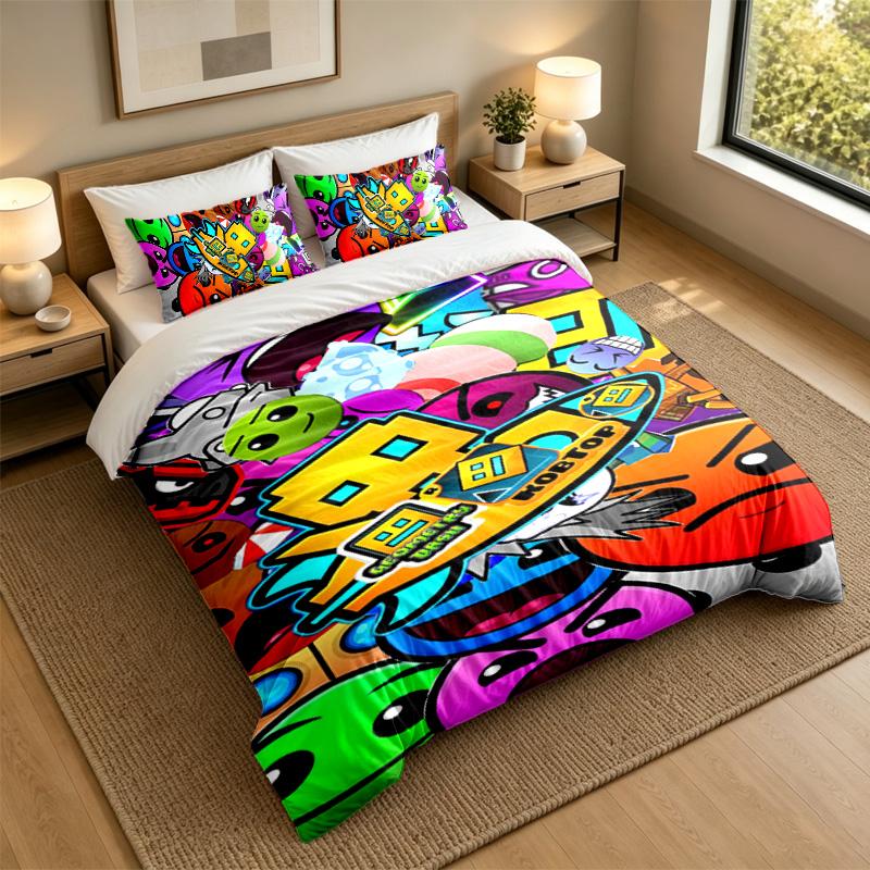 Soft Bedding Set Geometry Dash Pattern, 1 Duvet Cover plus 2 Pillowcases Stylish Bedroom Home Textile