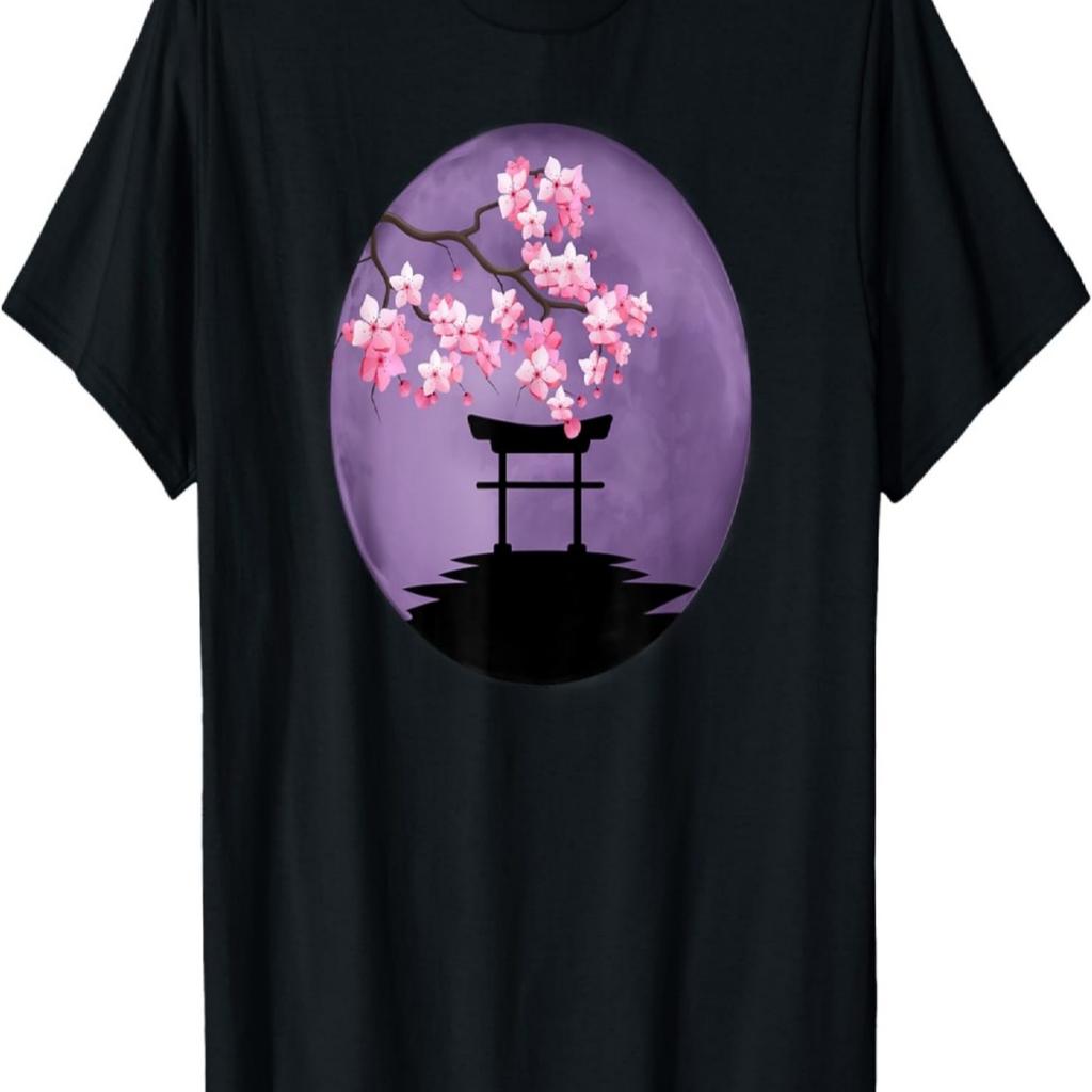 Japan Torii Gate Shrine Cherry Blossom Purple Floating Moon T-Shirt
