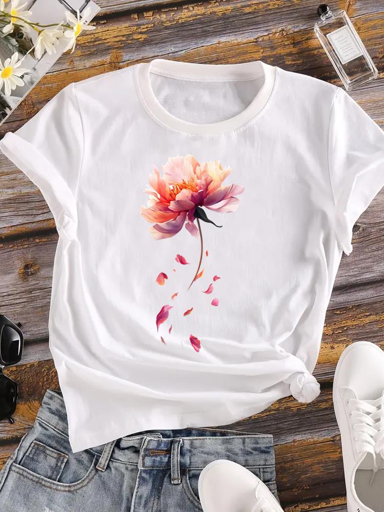 (Азиатский размер) Одежда Повседневная Цветочная Растительная Цветочная Милая Модная Футболка С Коротким Рукавом Женская Футболка С Принтом Женская Графическая Футболка