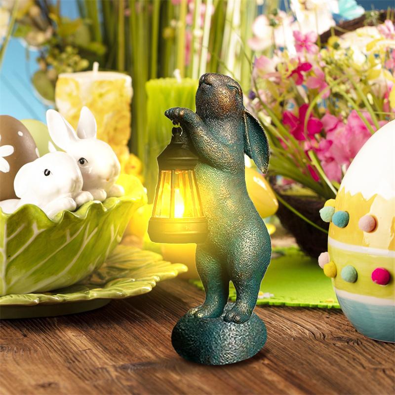 Easter Garden Statues Rabbit With Solar Lantern Outdoor Bunny Figurines Decorations For Patio Yard Lawn Ornaments Gifts