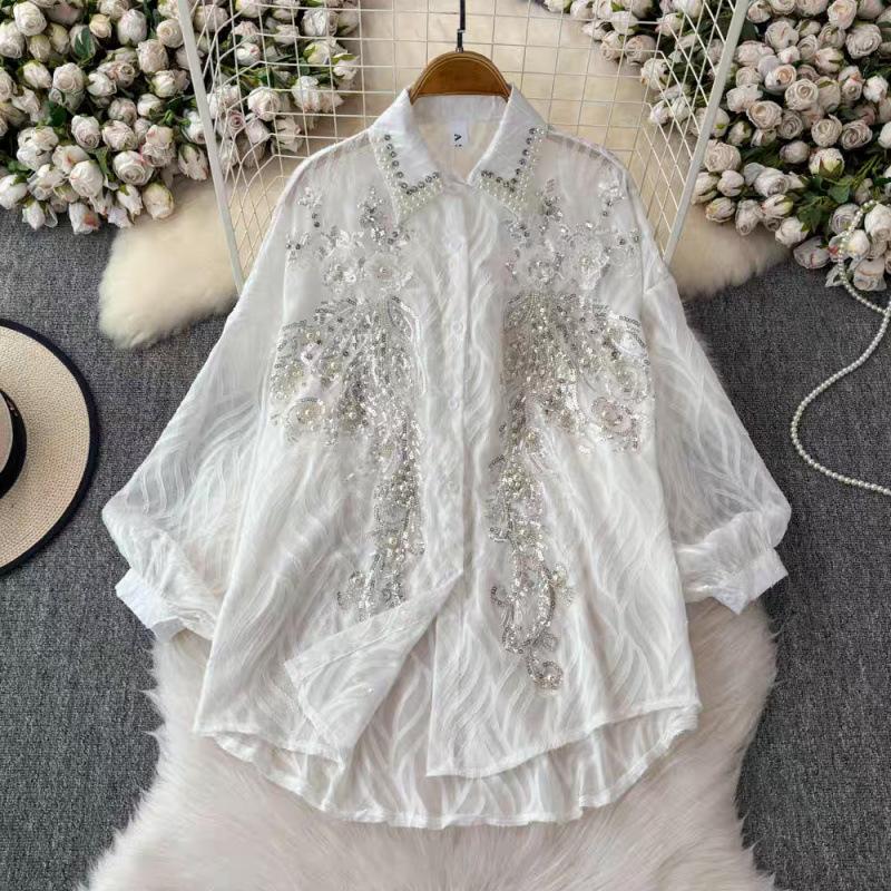 Рубашка женская французская тяжелая промышленность вышивка пайетками инкрустированная бриллиантами универсальная высококачественная рукав-фонарик