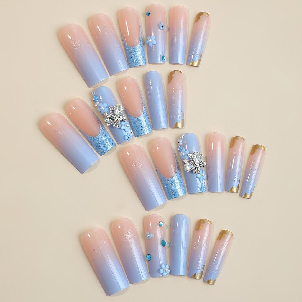 Autumn and Winter Blue Series Wearable Nails with Flower and Bowknot Glitter, Elegant Sweet Cool Girl Nail Tips, Brightening Nails