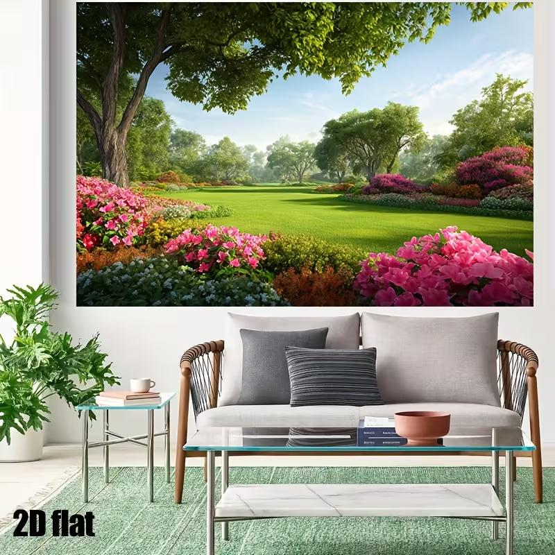 2D Vibrant Spring Park Backdrop Green Trees & Pink Azaleas Photo Background