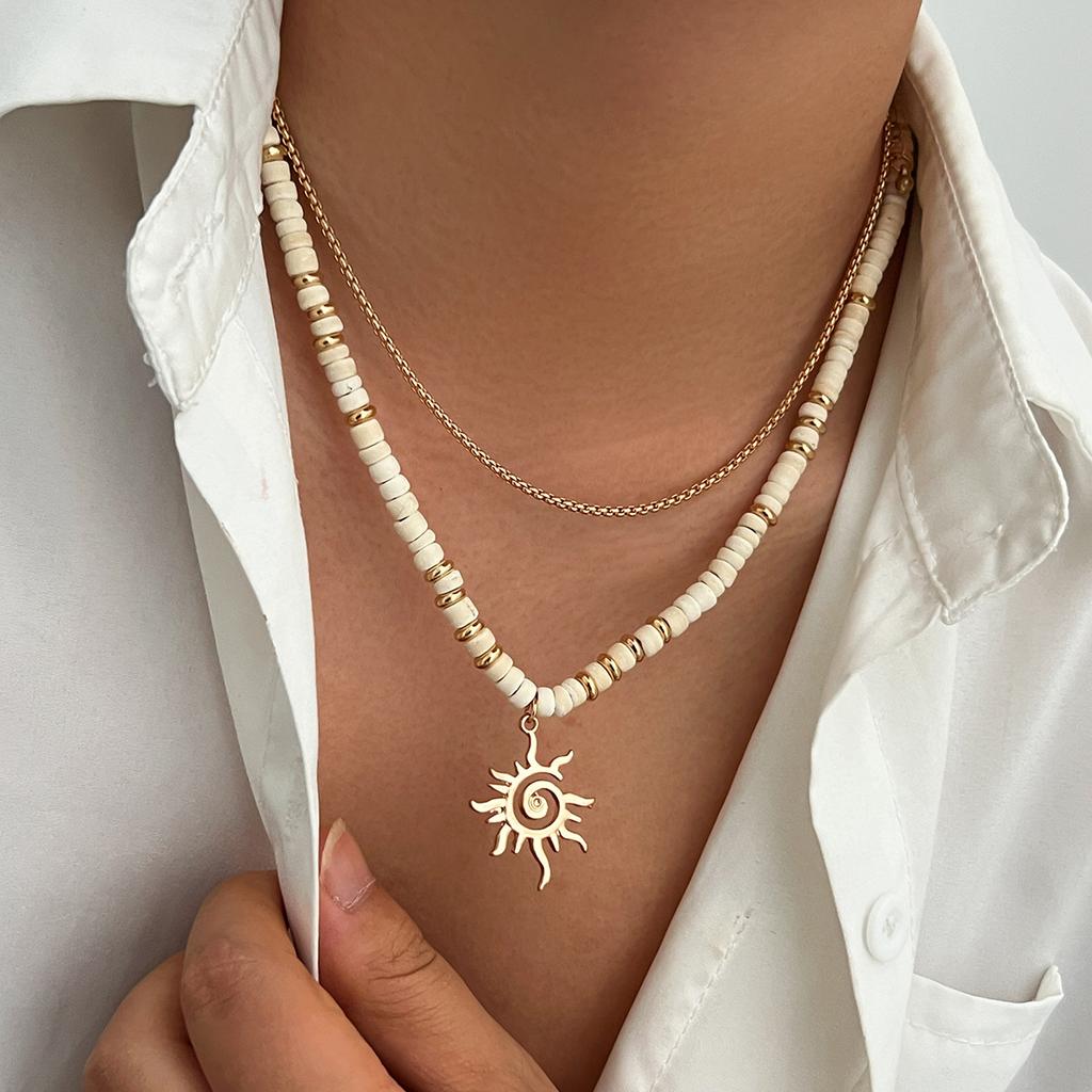 Summer Coconut Shell Beaded Necklace for Men Hip Hop Niche Sun Pendant Collarbone Chain Layered Wear for Men