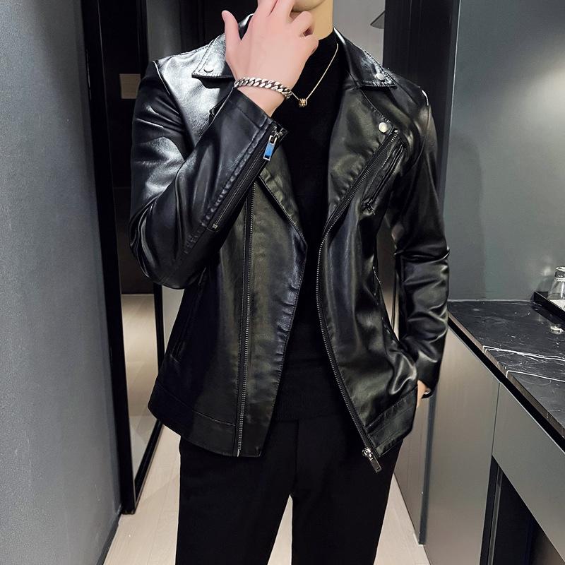 Spring and Autumn Men's Lapel Leather Jacket Large Size Casual Loose Handsome Trend Cycling Leather Clothing Motorcycle Clothing Leather Jacket