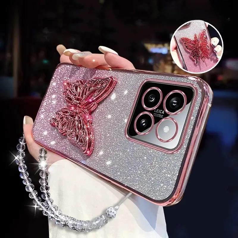 3D Держатель для телефона в виде бабочки, Хрустальный браслет, Чехол с блестящим покрытием для Xiaomi Mi 14 Ultra 13 12 11 Lite Pro, Задняя крышка