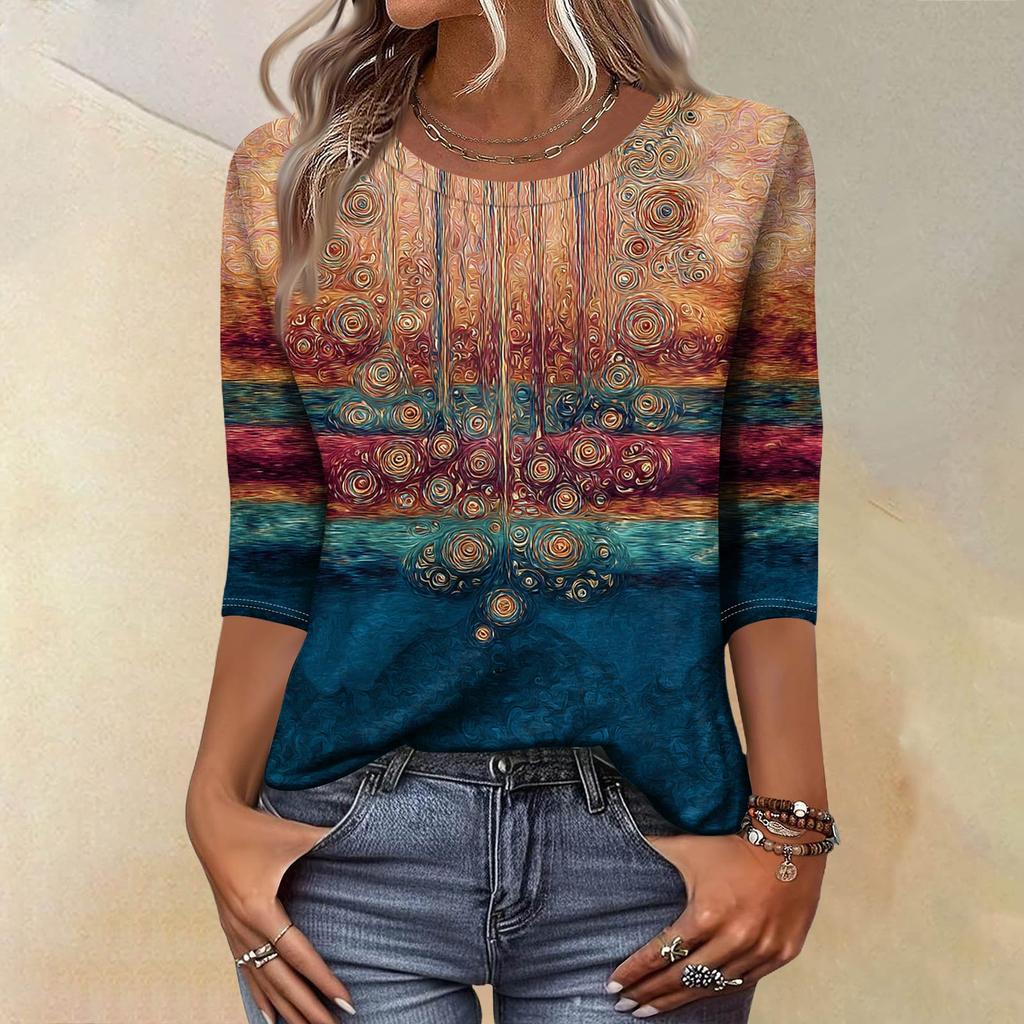 Модный винтажный топ с рукавом три четверти для женщин, женская повседневная блузка-футболка с круглым вырезом и принтом