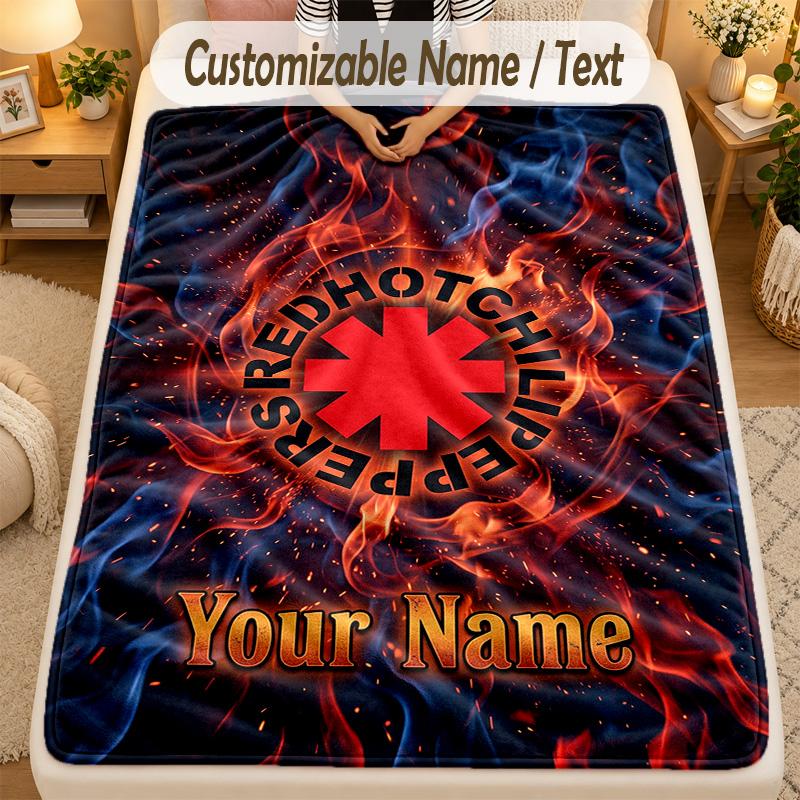 Flannel BlanketRed Hot Chili Peppers Custom Name Text Personalized Soft Warm Throw Blanket Home Decor Gift