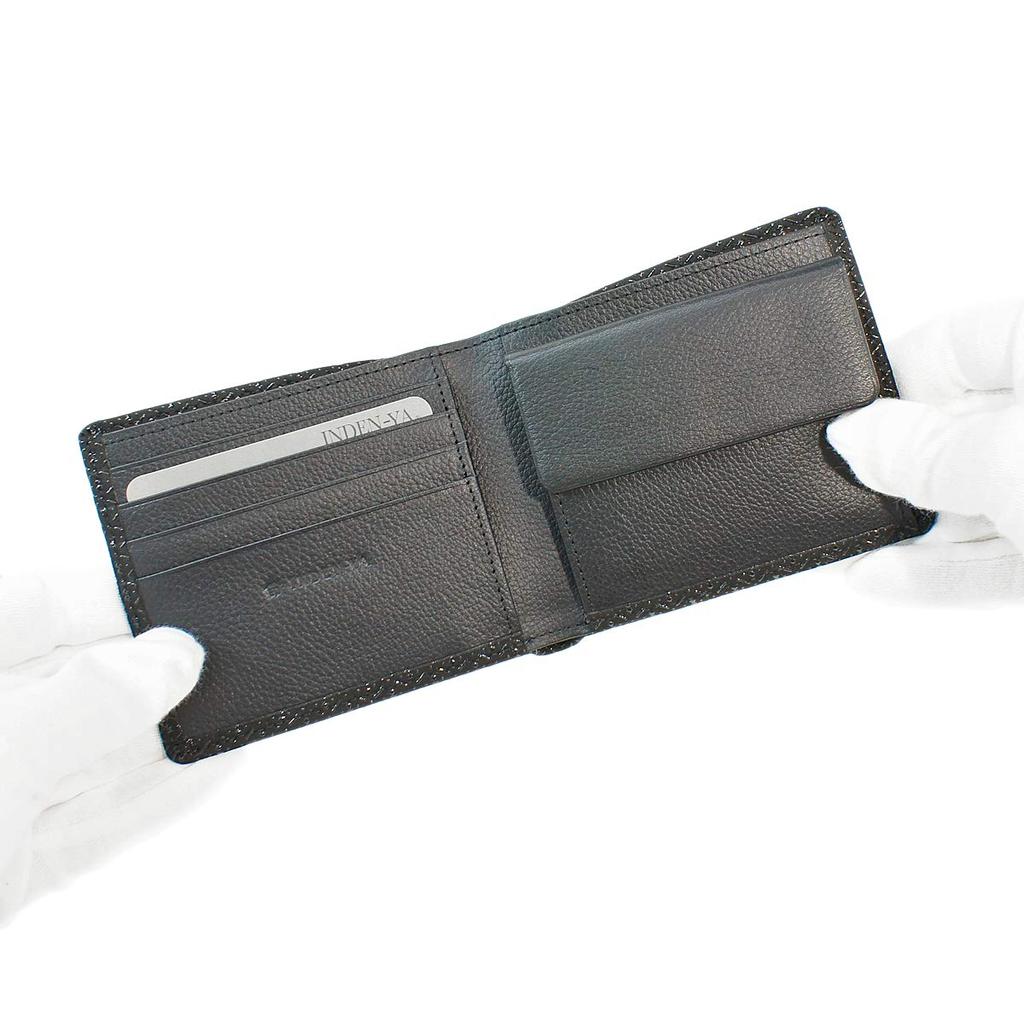 [Inden-ya] Инден Кошелек бифолд с отделением для купюр J и монетницей, Оленья кожа, Черный с черным лаком, Узор «Тыква-горлянка», 2006-01-007