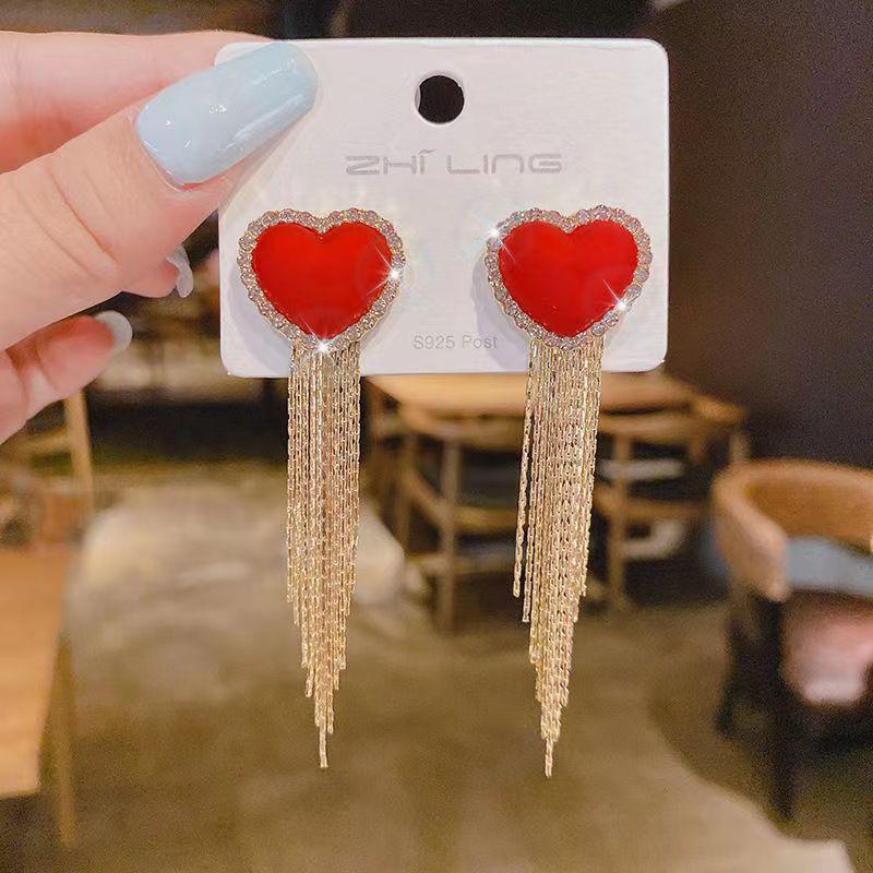 Серебряная игла, японское и корейское чувство нового продукта, любовь, жемчужные серьги-гвоздики, инкрустированные бриллиантами, одна пара длинных сережек с бахромой.