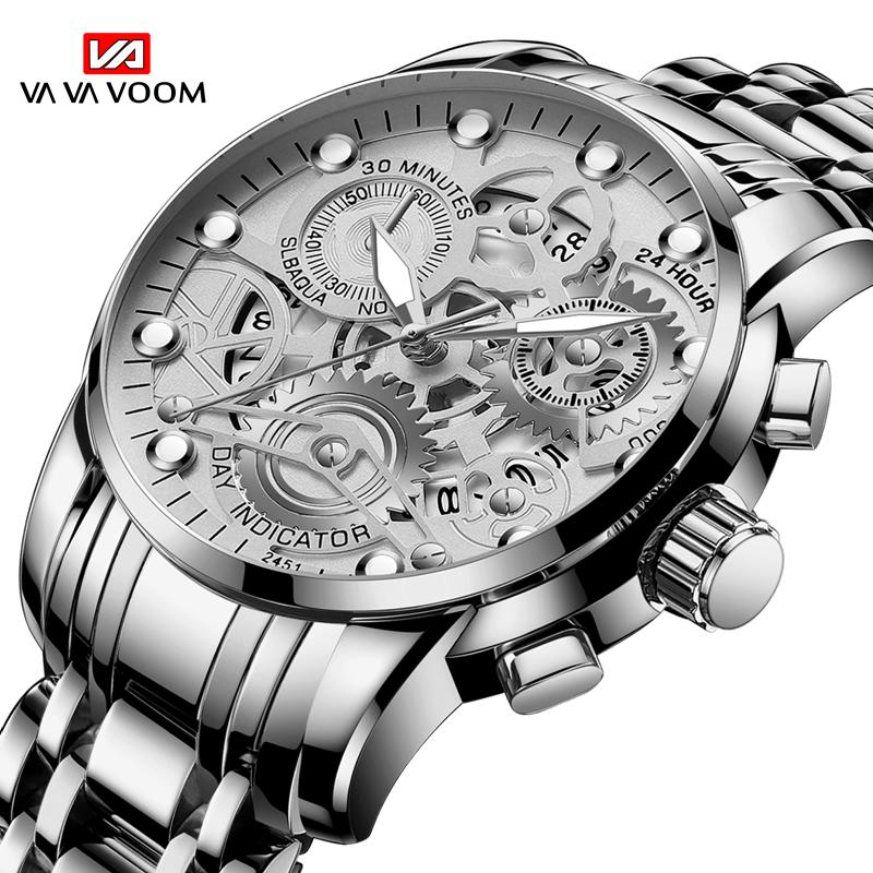 VA VA VOOM Светящиеся кварцевые часы, модные часы со скелетом, мужские и женские кварцевые часы, календарь из нержавеющей стали, водонепроницаемые часы, наручные часы, подарок