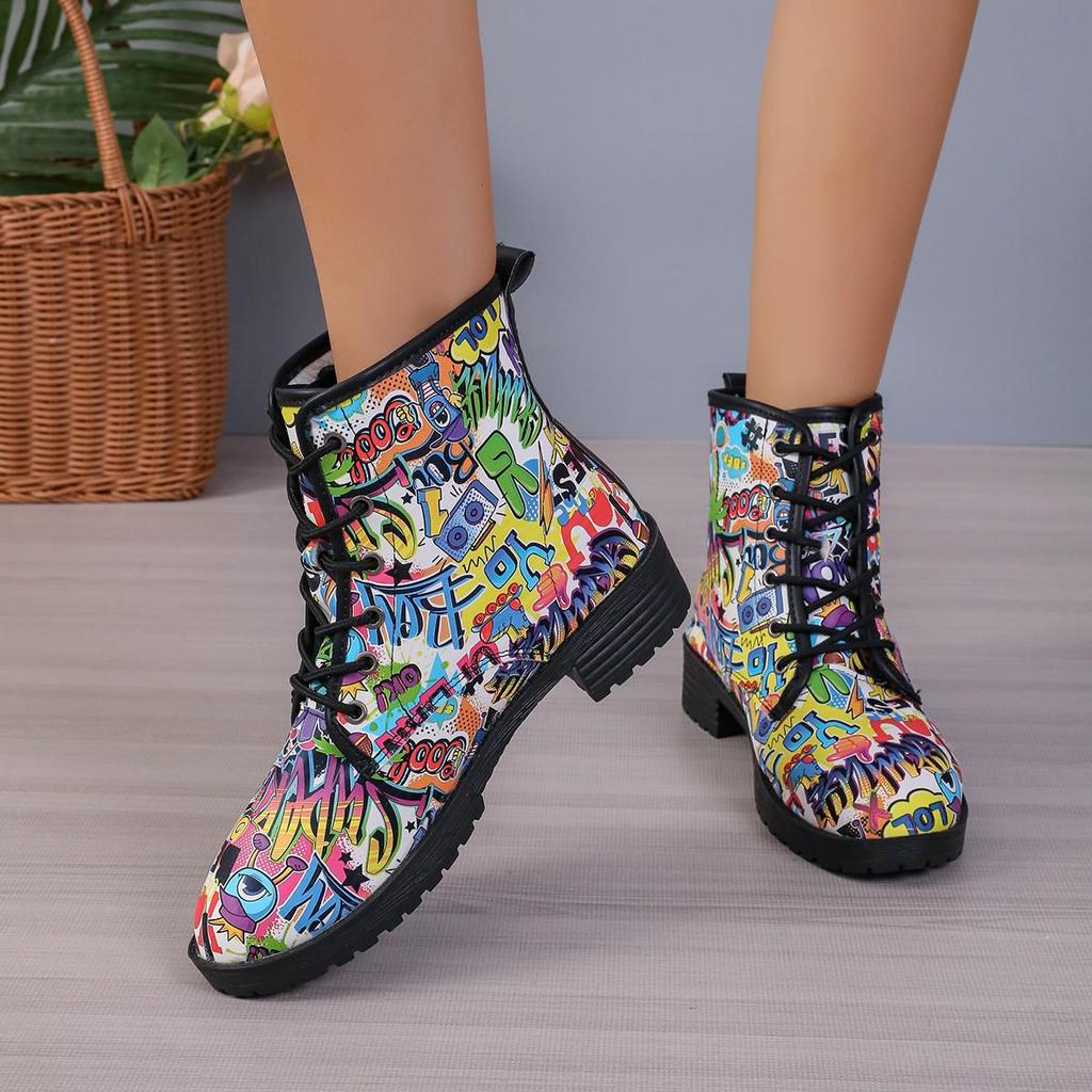 Европейские и американские ботинки Martin для женщин: Осенне-зимние рабочие ботинки с 3D-печатью в стиле граффити.