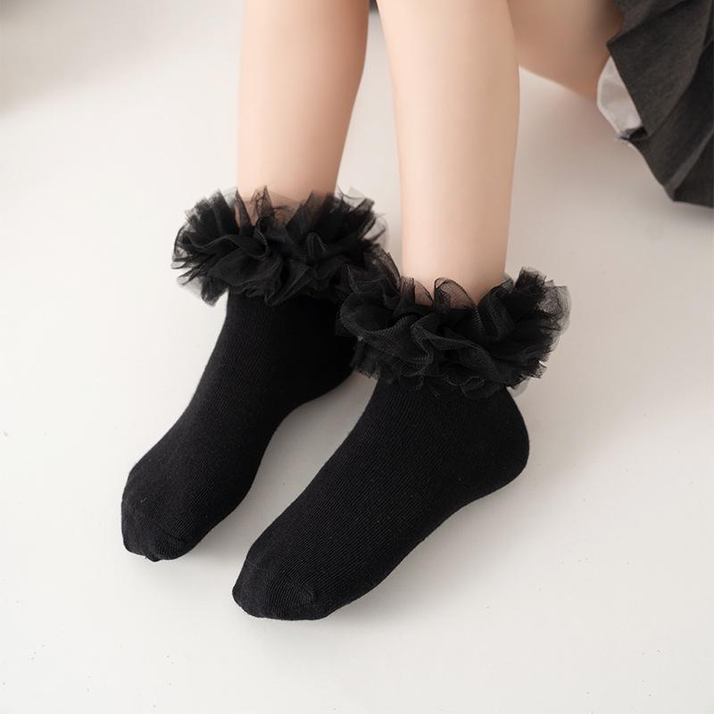 Children's Dance Socks - Pure Cotton Lace Socks for Girls, Black & White Latin Dance Styles for Spring & Autumn
