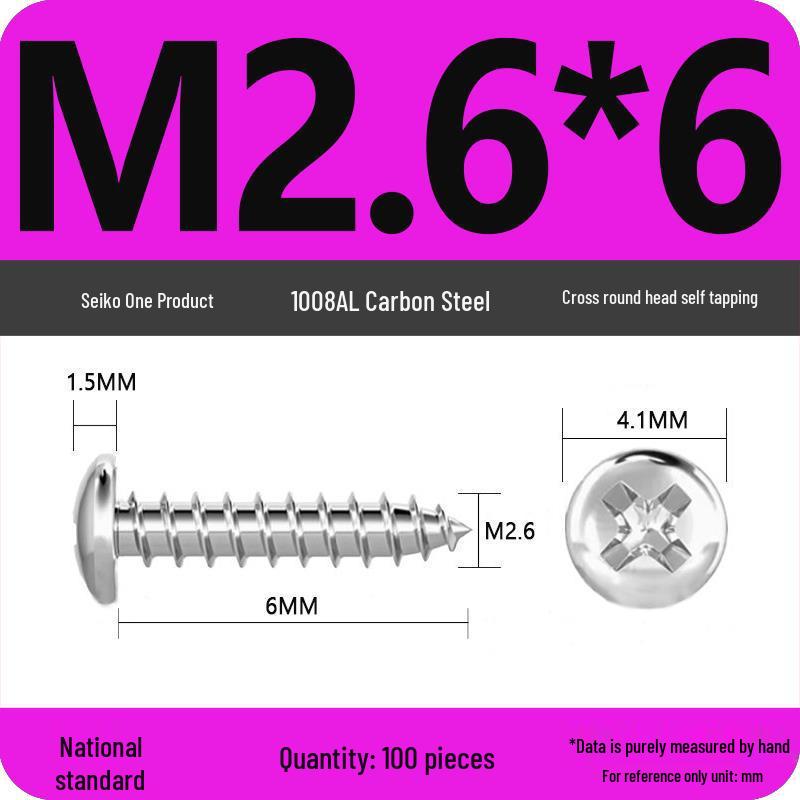 Galvanized Self-Tapping Screws, Round Head, White Zinc, PA Cross Pan, Pointed Tail M1.2-M4