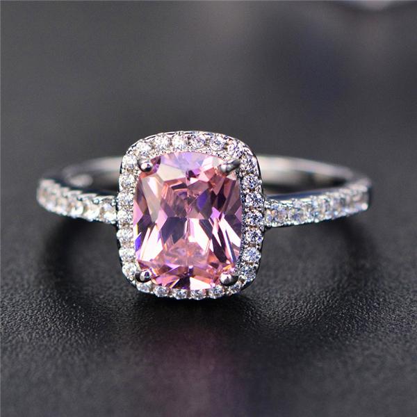 Fashion Mystic Rainbow Pink/Green Square Shaped Crystal Rings Silver Color Wedding Jewelry Female