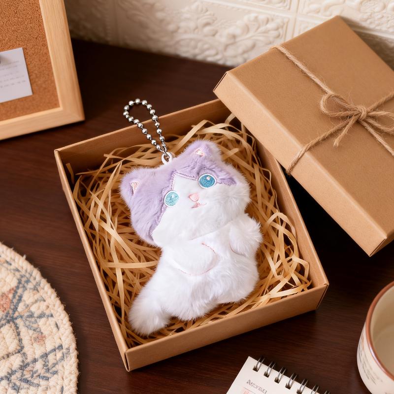 Soft Cartoon Plush Cat Keychain Fluffy Adorable Pendant Mini Backpack Purse Decor Ideal Birthday Gift for Girls