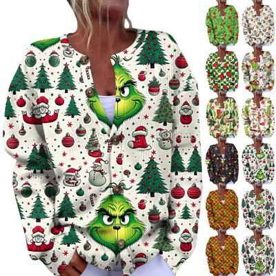 Женская мода рождественский принт длинный рукав вязаный кардиган пуховик