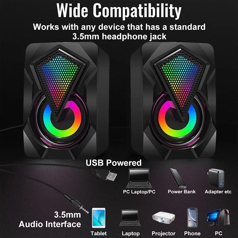 Мини-кристальный динамик с RGB-подсветкой, Компьютерный динамик, Питание от USB, Вспомогательный разъем 3,5 мм, Подходит для настольного компьютера, ноутбука, монитора