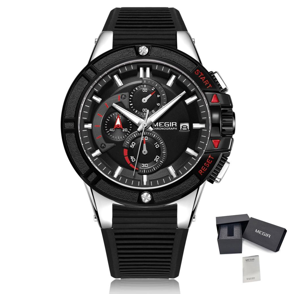 MEGIR Watches for Men Chronograph Fashion Sports Wristwatch Silicone Strap Waterproof Multi-functional Quartz Watch Clock 2095