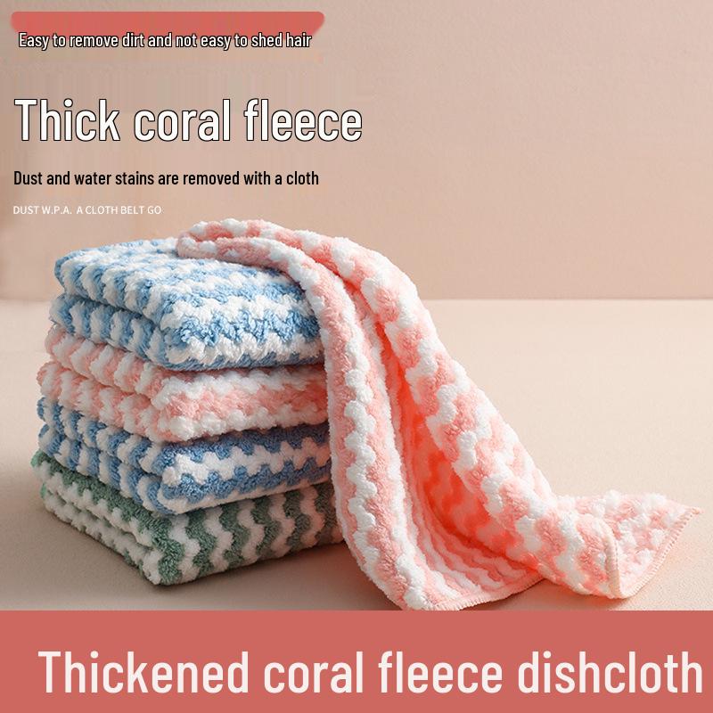 T Kitchen Absorbent Coral Fleece Dish Cloth: Thick, Non-Stick, Lock-Edge Stripes for Strong Cleaning.
