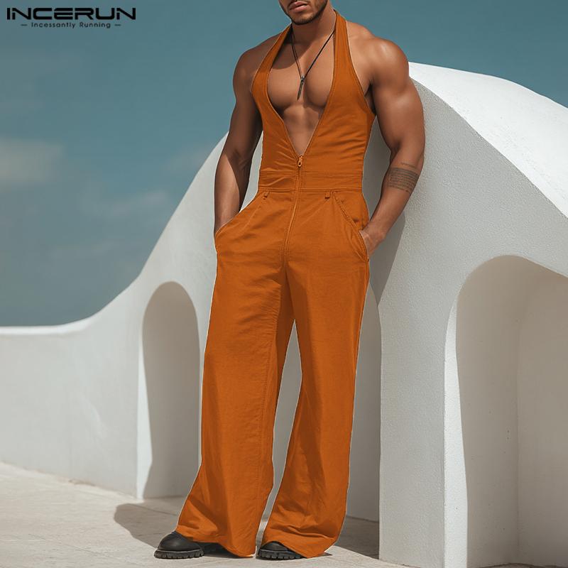 INCERUN Men Deep V Neck Zip-up Casual Long Rompers Jumpsuits