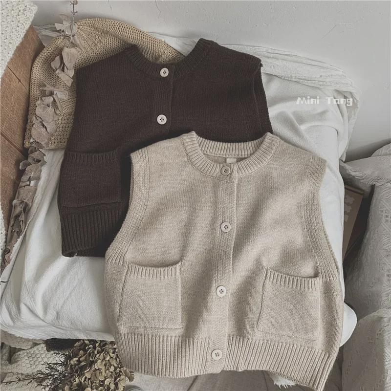 Forest Style Kids' Knitted Vest: Solid Color Versatile Sweater Cardigan for Boys & Girls - Perfect for Spring & Autumn Trends