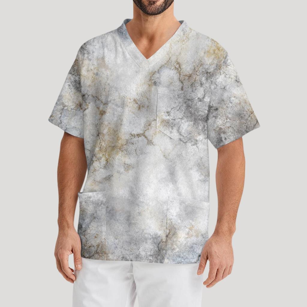 Мужская рабочая блузка с короткими рукавами и v-образным вырезом с принтом, топ с нагрудным карманом