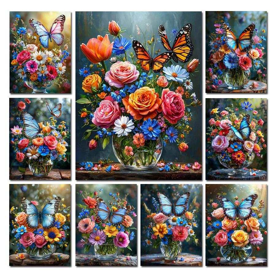 Diamond Painting New Collection Still Life Butterfly Flower Vase Diy Full Drill Rhinestone Embroidery Color Floral Mosaic Cross Stitch Kits