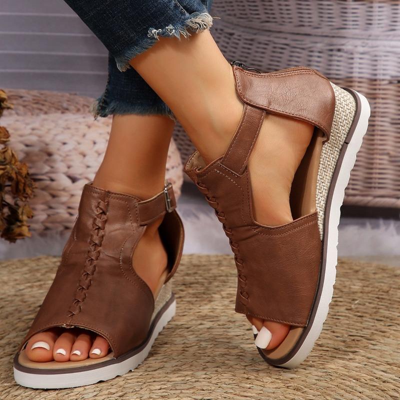 Fashion Beige High Heel Sandals Comfortable Women's Cork Wedge Buckle Medium Open Toe Black Handmade Girls Thick Sole
