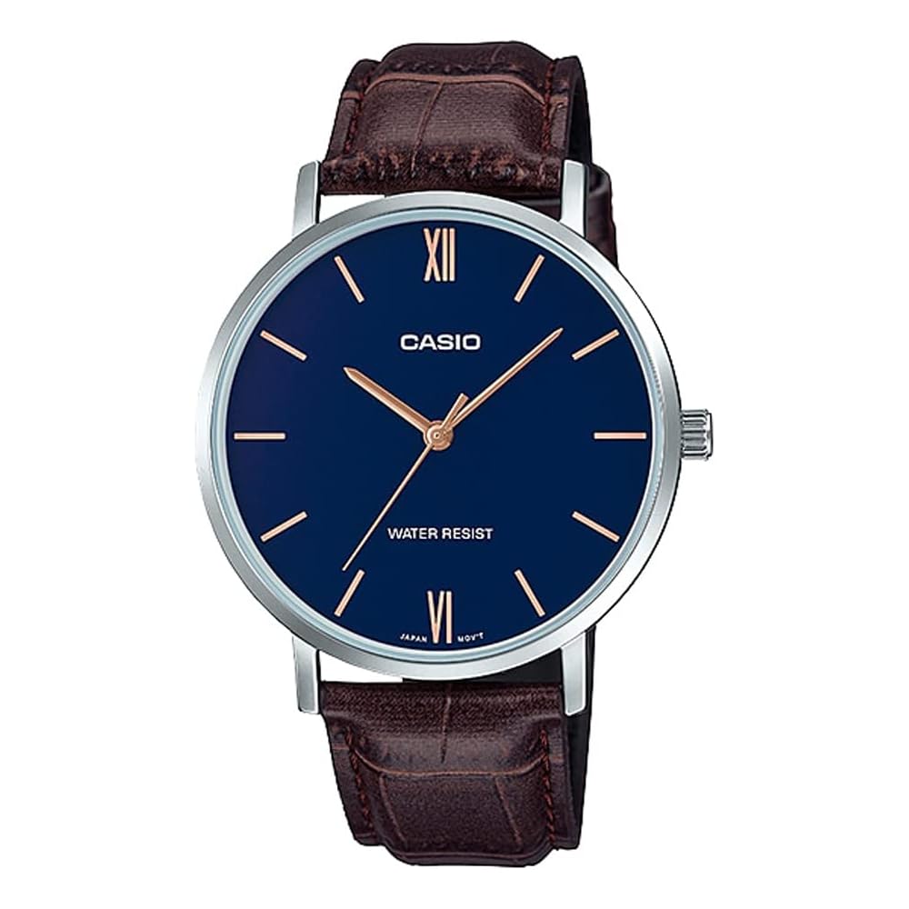 Мужские кварцевые часы Casio MTP-VT01L-2B Синий Коричневый кожаный ремешок Импортная модель