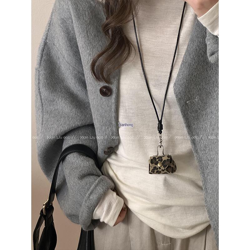 Кожаный кошелек для монет с леопардовым принтом, ожерелье и чехол для наушников, кулон на длинной цепочке для свитера, мешочек для хранения