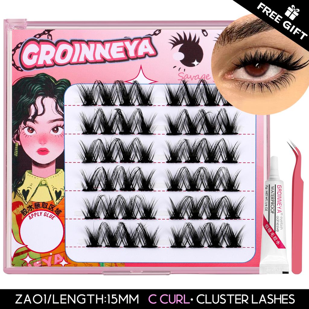 GROINNEYA DIY Eyelash Extension Kit Individual Lashes Cluster Mix Lash Clusters with Lash Bond and Seal and Lash Accessories