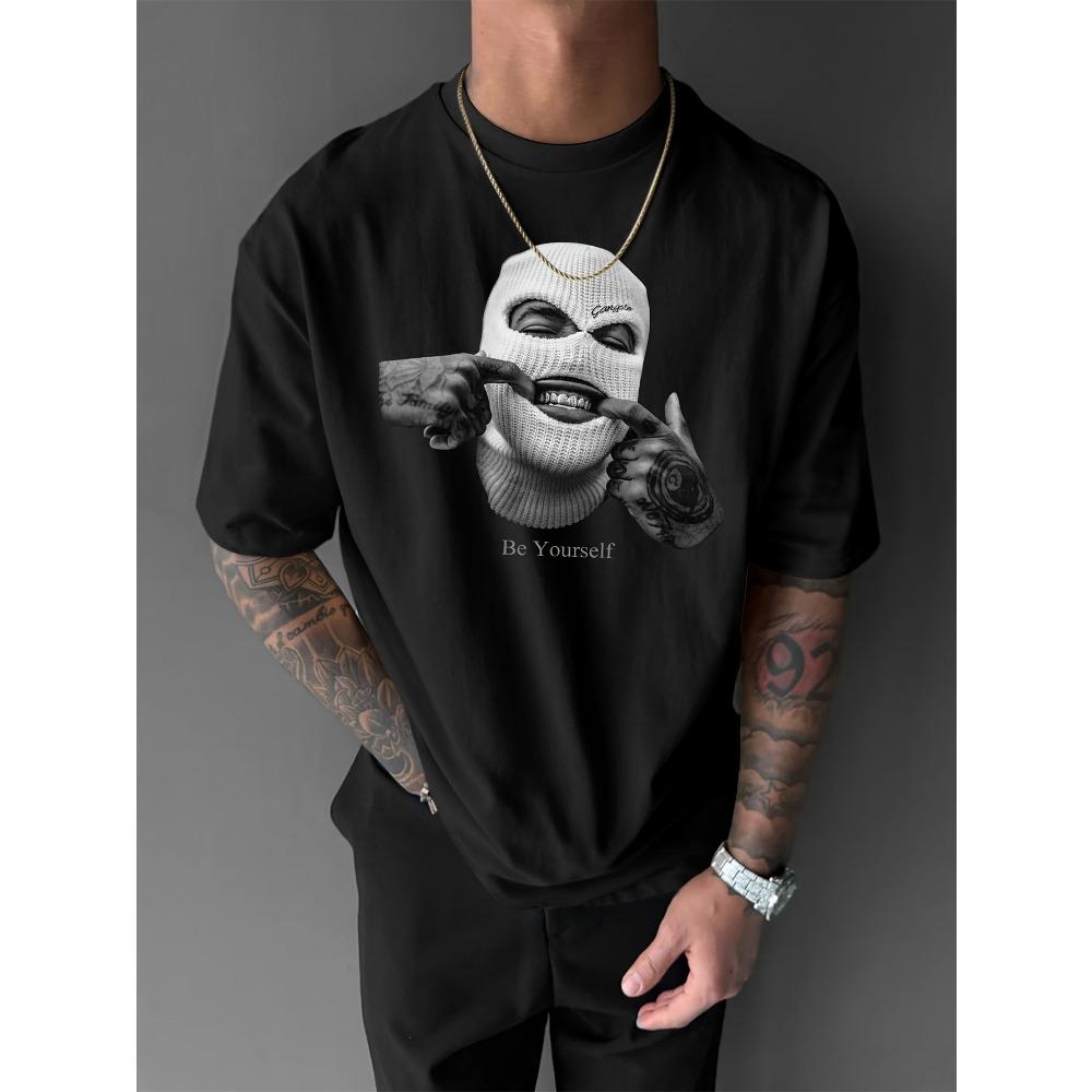 Black and White Portrait Print Short-sleeved T-shirt, Unisex, Street Style, Loose and Casual, Round Neck, Versatile Summer Top