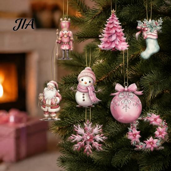 Pink Aesthetic Ornaments 12/24/36Pcs Christmas Wooden Set, Snowman Santa Hanging Tree Baubles Decors, Xtmas Hanigings with Ropes for Home Decor