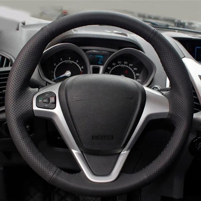 Black Leather Steering Wheel Cover Hand-stitched Car Steering Wheel Covers For Ford Fiesta 2008-2017 EcoSport 2014-2017