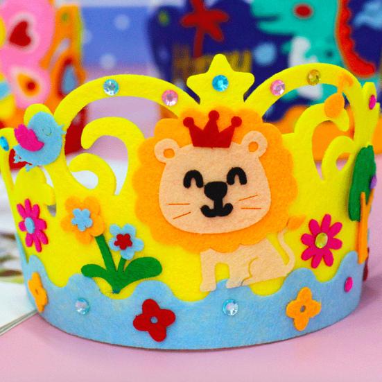 DIY шляпа с короной на день рождения для детей, мультяшный кролик, динозавр, торт, лев, животные, нетканый головной убор на день рождения, украшение для вечеринки, набор материалов для рукоделия