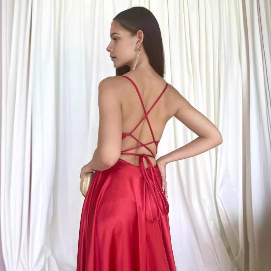 Женское вечернее платье с глубоким вырезом, без воротника, без спинки, без рукавов, платье макси на тонких бретельках, облегающее, с высоким разрезом, однотонное атласное банкетное бальное платье
